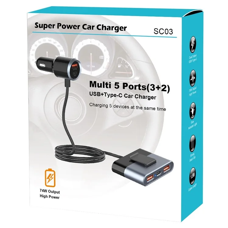SC03 3 QC3.0 USB+2 Type-C PD Telefono di Ricarica Rapida Adattatore Progettazione Clip Extended Car Charger