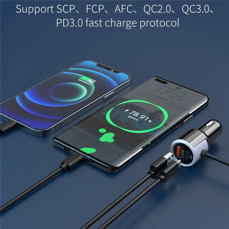 SC03 3 QC3.0 USB+2 Type-C PD Telefono di Ricarica Rapida Adattatore Progettazione Clip Extended Car Charger