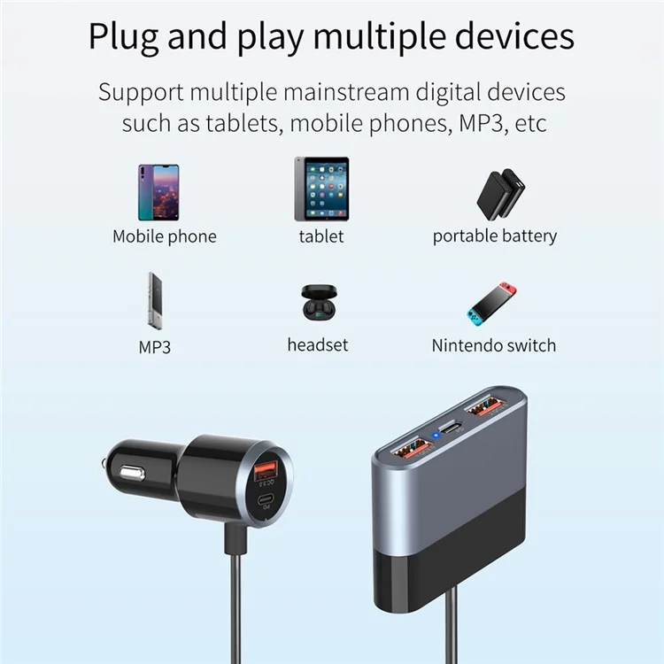SC03 3 QC3.0 USB+2 Type-C PD Telefono di Ricarica Rapida Adattatore Progettazione Clip Extended Car Charger
