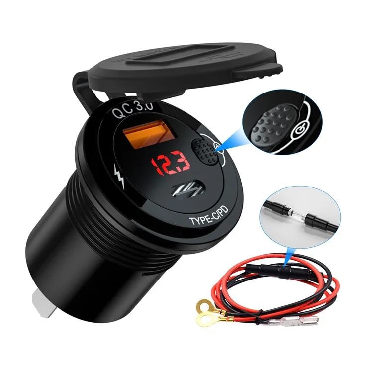 ZH-1427B2 Voltage Display USB+Type-C Dual Ports PD 20W Fast Charging Car Charger with Independent Switch