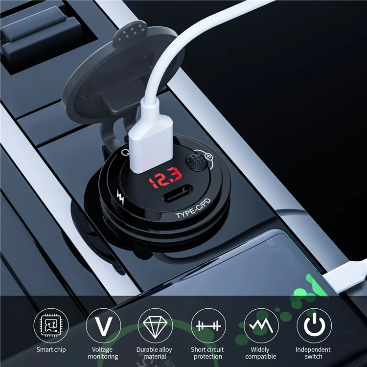 ZH-1427B2 Voltage Display USB+Type-C Dual Ports PD 20W Fast Charging Car Charger with Independent Switch