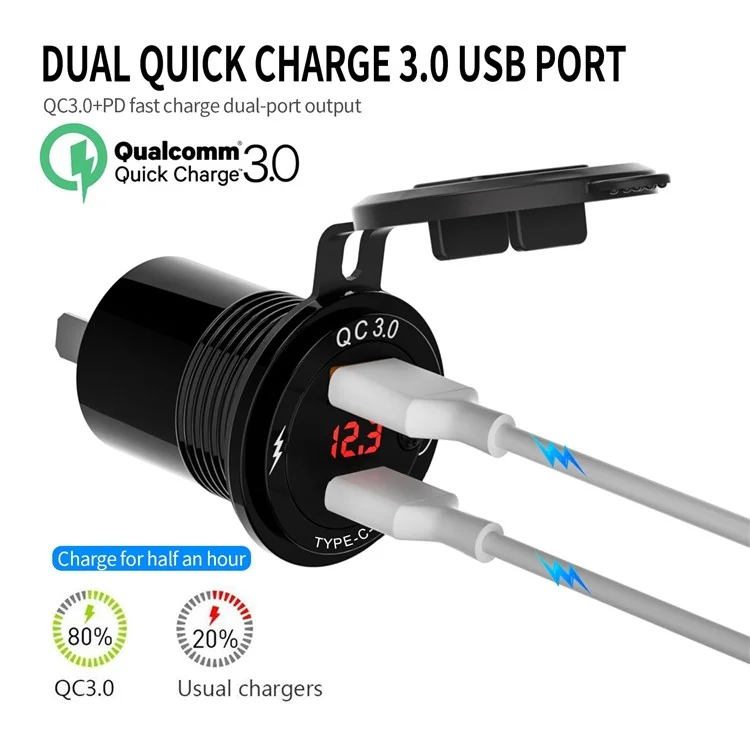 ZH-1427B2 Affichage de tension USB+Type-C Ports doubles PD 20W Chargeur de voiture rapide avec commutateur indépendant