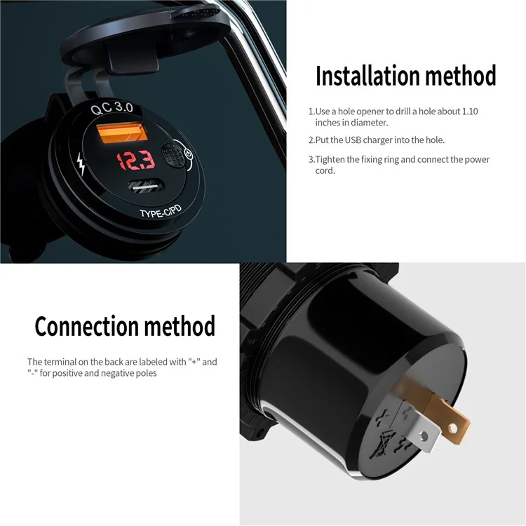 ZH-1427B2 Affichage de tension USB+Type-C Ports doubles PD 20W Chargeur de voiture rapide avec commutateur indépendant