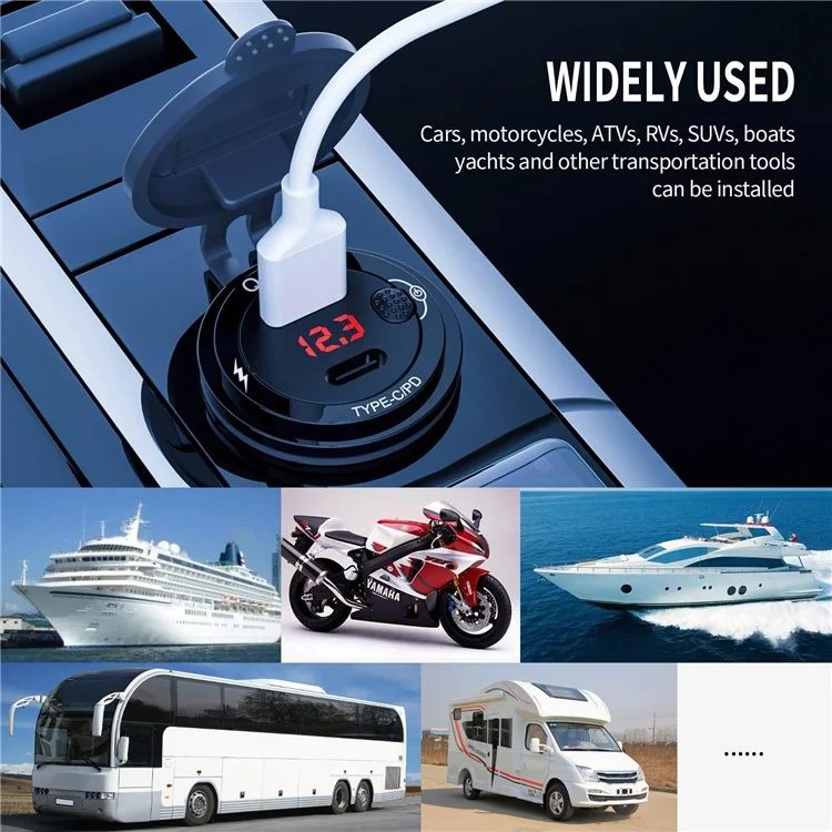 ZH-1427B2 Affichage de tension USB+Type-C Ports doubles PD 20W Chargeur de voiture rapide avec commutateur indépendant
