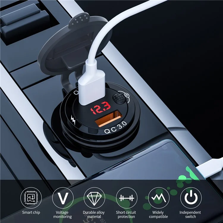 ZH-1427A2 Waterproof QC3.0 Adattatore a Spina di Ricarica Rapida Dual Port Car Charger Con Schermata di Visualizzazione Digitale