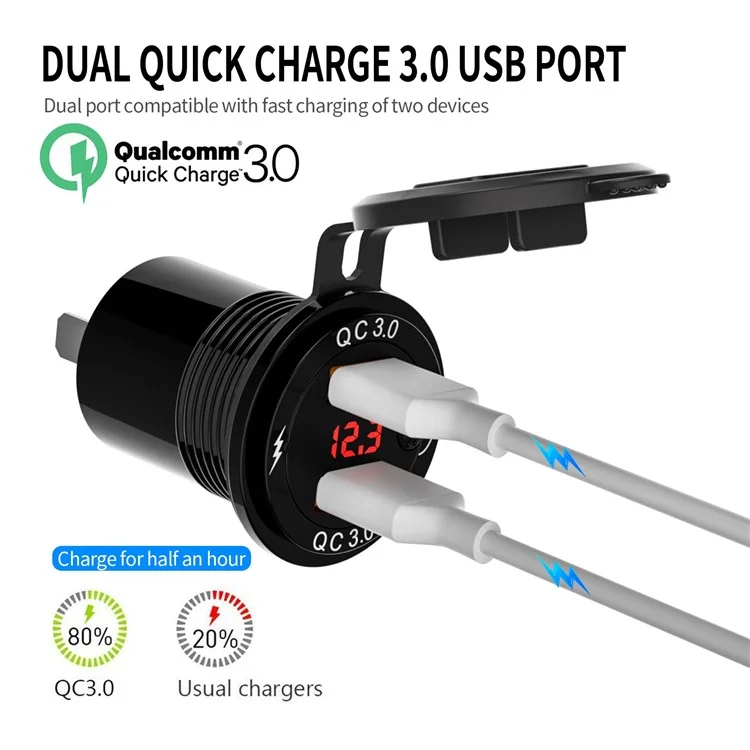ZH-1427A2 Waterproof QC3.0 Adattatore a Spina di Ricarica Rapida Dual Port Car Charger Con Schermata di Visualizzazione Digitale
