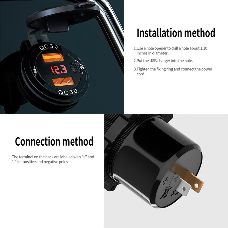 ZH-1427A2 Waterproof QC3.0 Adattatore a Spina di Ricarica Rapida Dual Port Car Charger Con Schermata di Visualizzazione Digitale