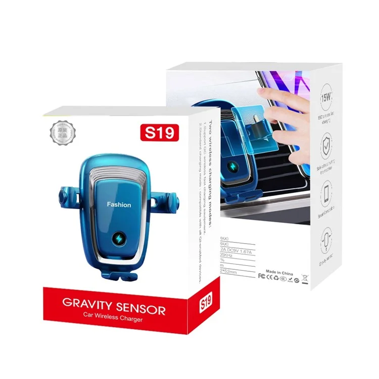 S19 Caricabatterie wireless per auto da 15 W Supporto per presa d'aria Porta telefono con rilevamento gravitazionale Ricarica wireless rapida Qi - Blu 
