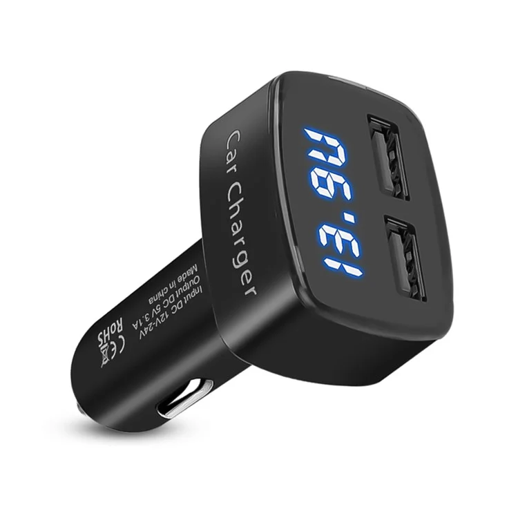 4 in 1 Car Charger Dual USB Port with Digital Display Voltage / Temperature / Current Meter Tester Adapter - Black / Blue LED