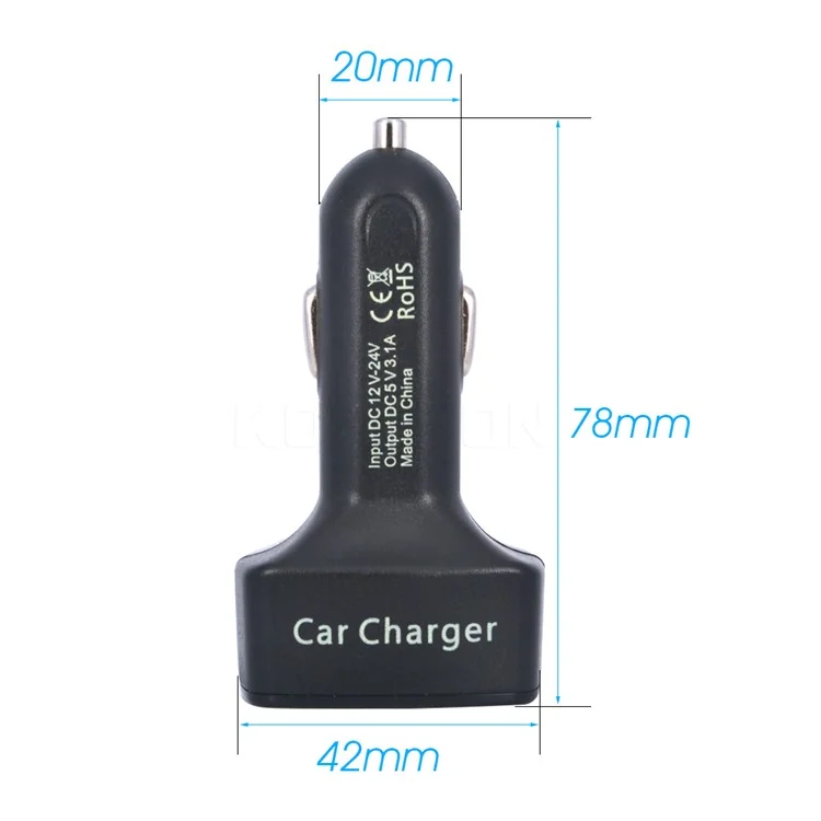 4 in 1 Car Charger Dual USB Port with Digital Display Voltage / Temperature / Current Meter Tester Adapter - Black / Blue LED