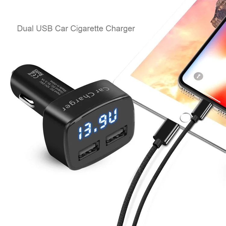 4 in 1 Car Charger Dual USB Port with Digital Display Voltage / Temperature / Current Meter Tester Adapter - Black / Blue LED