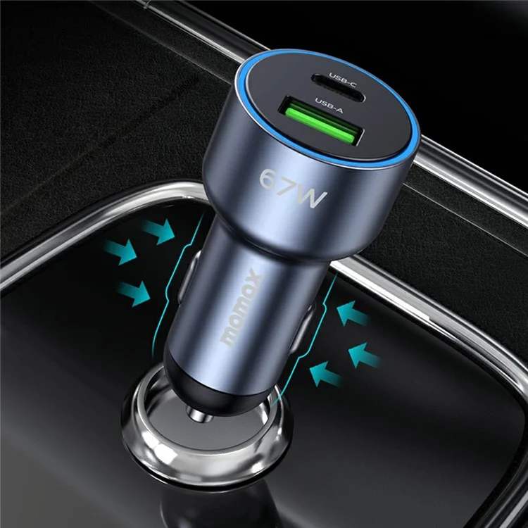 MOMAX UC16 67W Dual-Port Car Charger USB+Type-C PD3.0 Fast Charging Universal Charging Station Cell Phone Mini Charger - Space Grey
