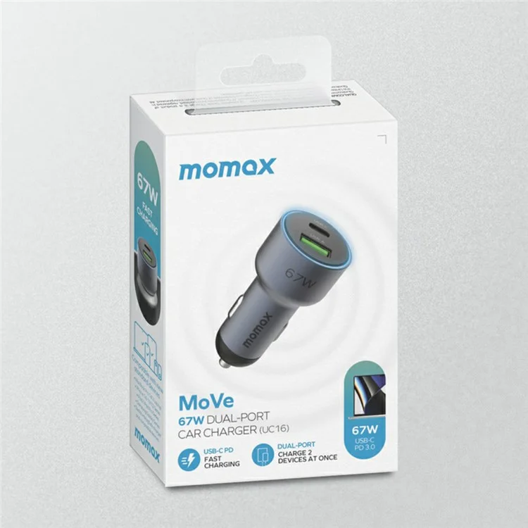 MOMAX UC16 67W Dual-Port Car Charger USB+Type-C PD3.0 Fast Charging Universal Charging Station Cell Phone Mini Charger - Space Grey