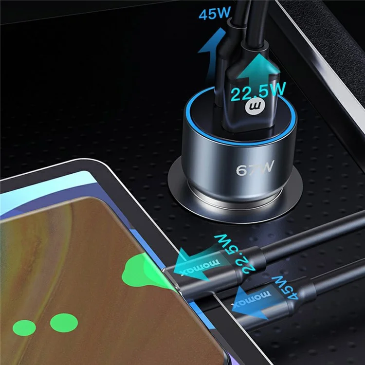 MOMAX UC16 67W Dual-Port Car Charger USB+Type-C PD3.0 Fast Charging Universal Charging Station Cell Phone Mini Charger - Space Grey