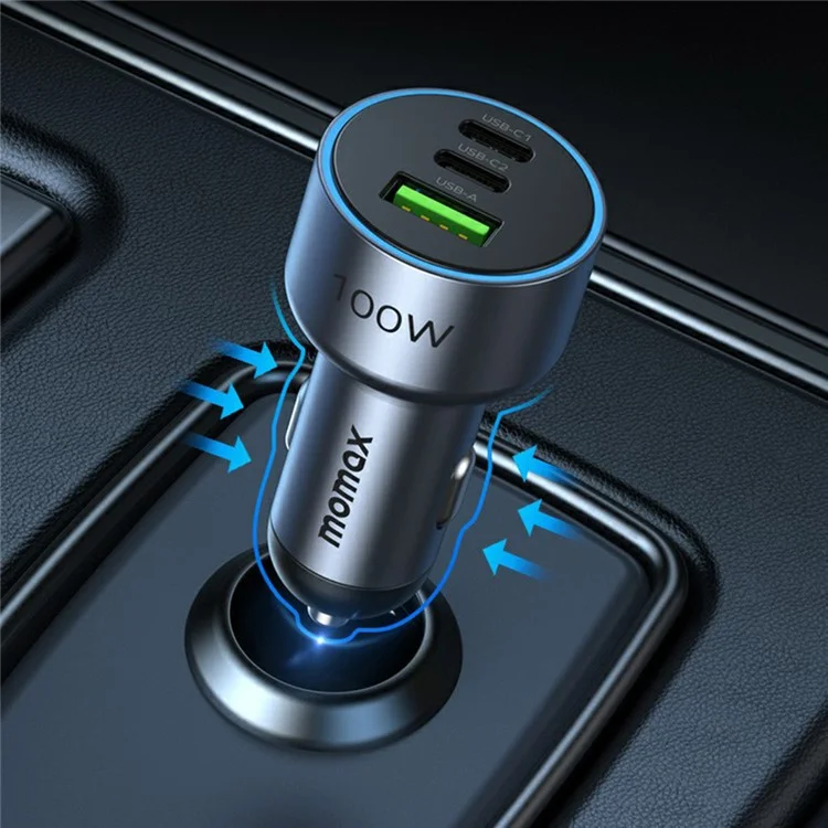 MOMAX UC17 100W 3-Port Car Charger for Cell Phone / Laptop / Camera, USB+2xType-C Phone Mini Charger Charging Universal Vehicle Charging Station - Space Grey