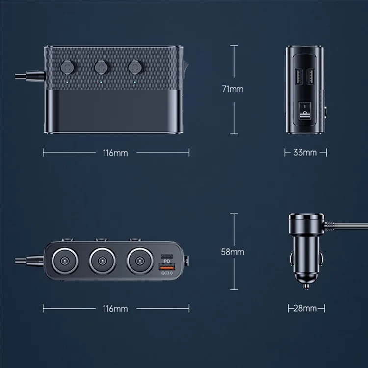 C28 1 Mâle à 3 Chargeur de Cigarette Automobile Femelle Charger de Barre de Barrage Multifonctionnel Chargeur de Voiture à 7 Ports Pd30w + Qc3.0 Charger Rapide Pour Véhicules 12V-24V