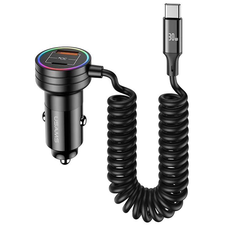 USAMS US-CC167 C33 60W USB+Type-C Doppia Porta Caricabatterie per Auto con Cavo a Molla e Luce Ambiente