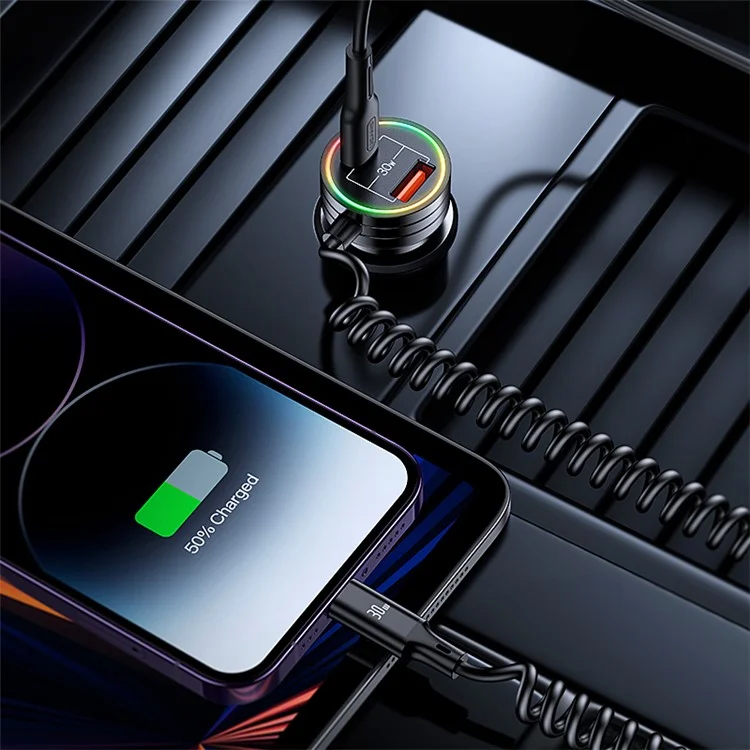 USAMS US-CC167 C33 60W USB+Type-C Doppia Porta Caricabatterie per Auto con Cavo a Molla e Luce Ambiente