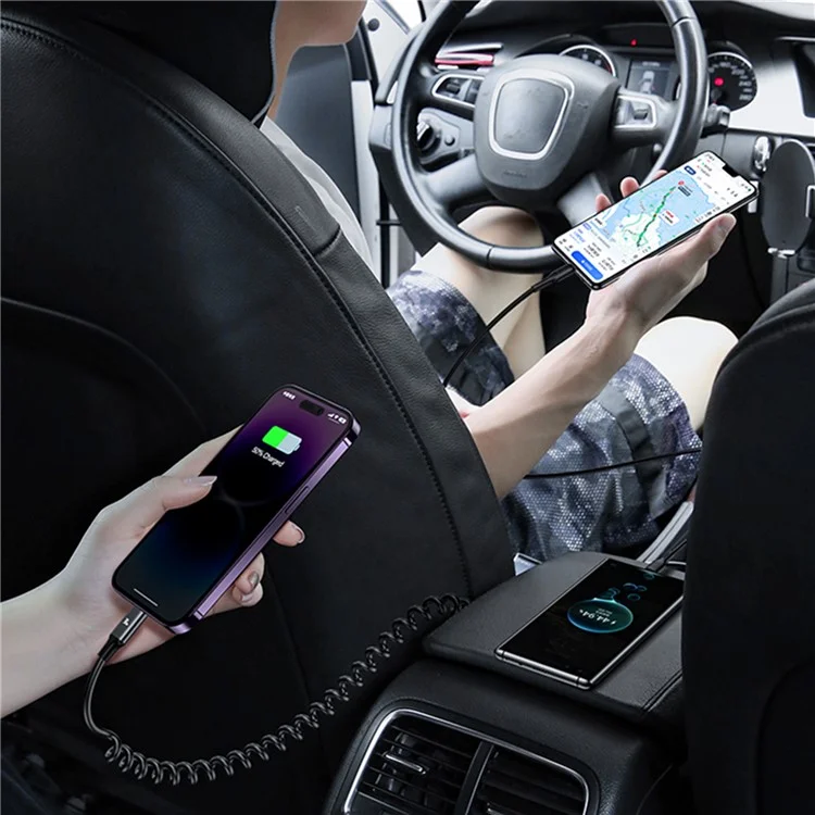 USAMS US-CC167 C33 60W USB+Type-C Doppia Porta Caricabatterie per Auto con Cavo a Molla e Luce Ambiente