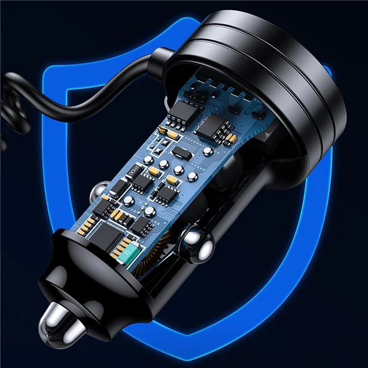 USAMS US-CC167 C33 60W USB+Type-C Doppia Porta Caricabatterie per Auto con Cavo a Molla e Luce Ambiente