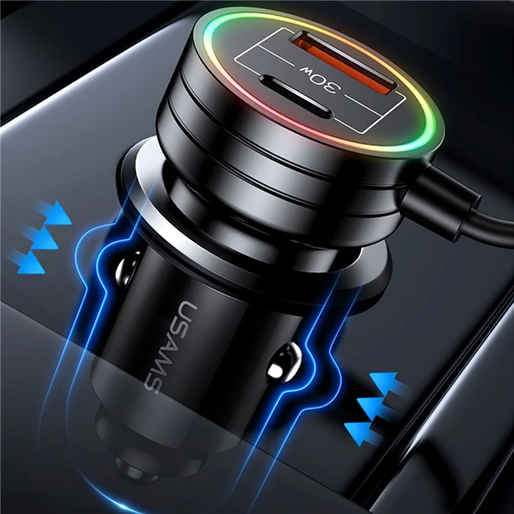 USAMS US-CC167 C33 60W USB+Type-C Doppia Porta Caricabatterie per Auto con Cavo a Molla e Luce Ambiente