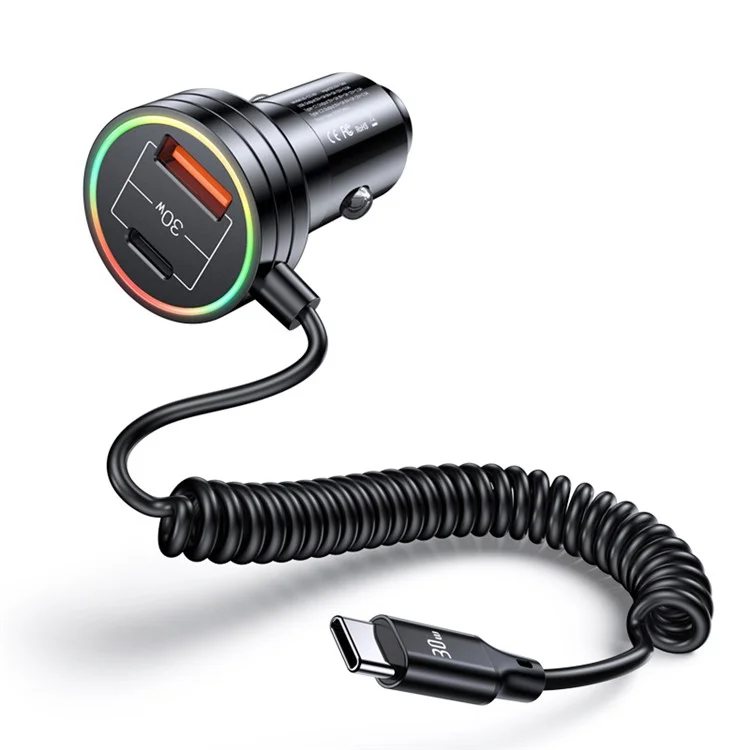 USAMS US-CC167 C33 60W USB+Type-C Doppia Porta Caricabatterie per Auto con Cavo a Molla e Luce Ambiente