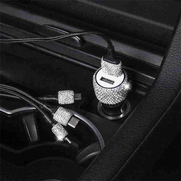 Rhinestone Decor Dual USB Car Charger Phone Fast Charging Power Adapter with Safety Hammer Function - Red
