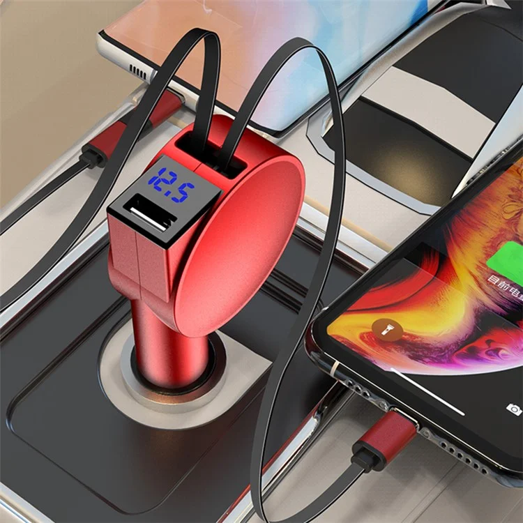 Chargeur de voiture rétractable 3-en-1 12-24V Chargement rapide Prise allume-cigare Adaptateur (8e génération) - Rouge