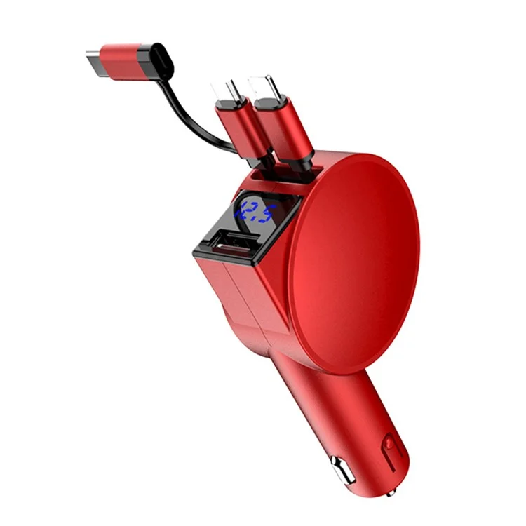 Chargeur de voiture rétractable 3-en-1 12-24V Chargement rapide Prise allume-cigare Adaptateur (8e génération) - Rouge