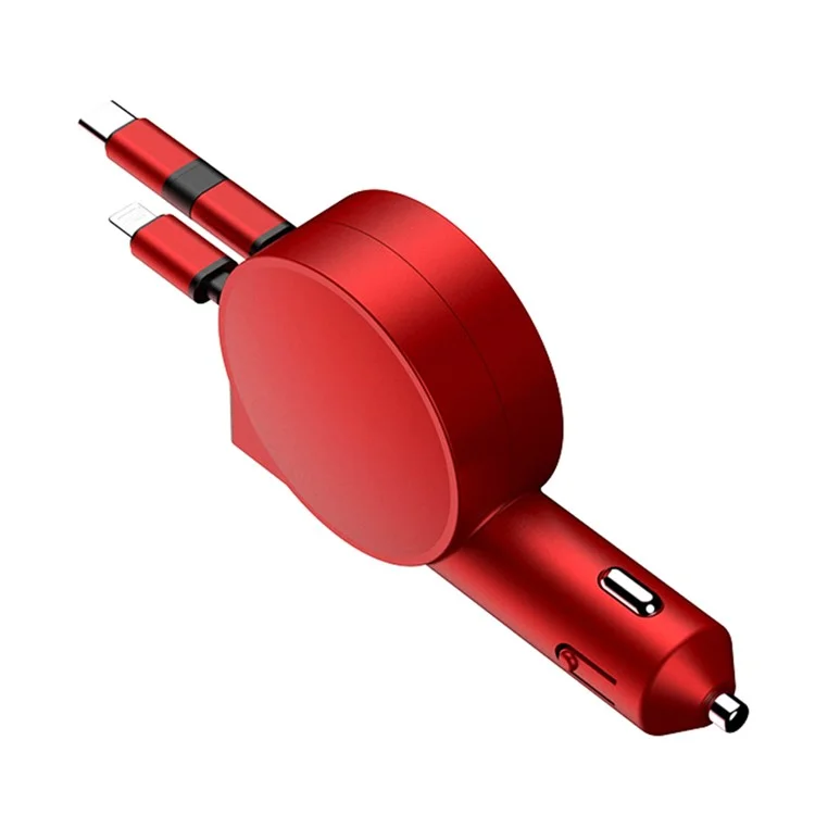 Chargeur de voiture rétractable 3-en-1 12-24V Chargement rapide Prise allume-cigare Adaptateur (8e génération) - Rouge