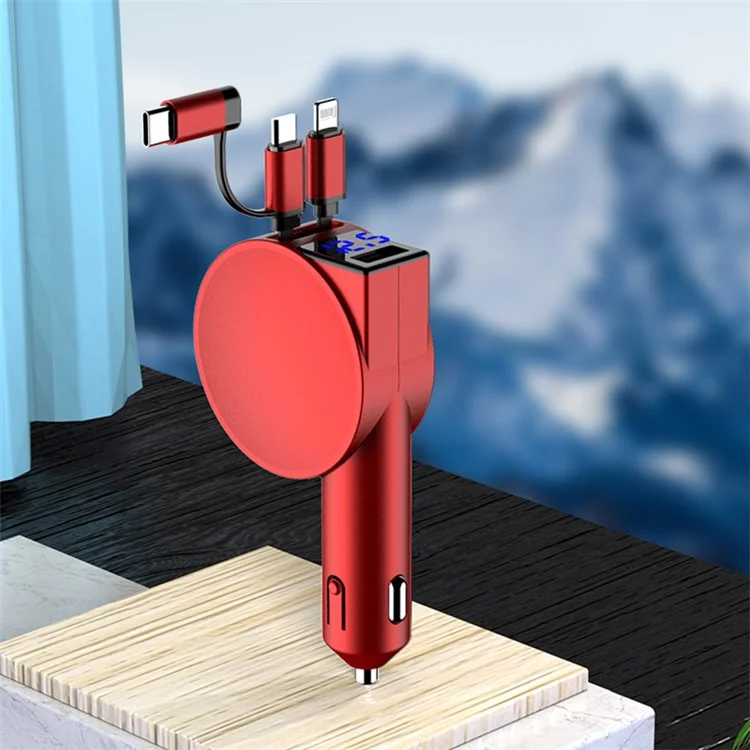 Chargeur de voiture rétractable 3-en-1 12-24V Chargement rapide Prise allume-cigare Adaptateur (8e génération) - Rouge