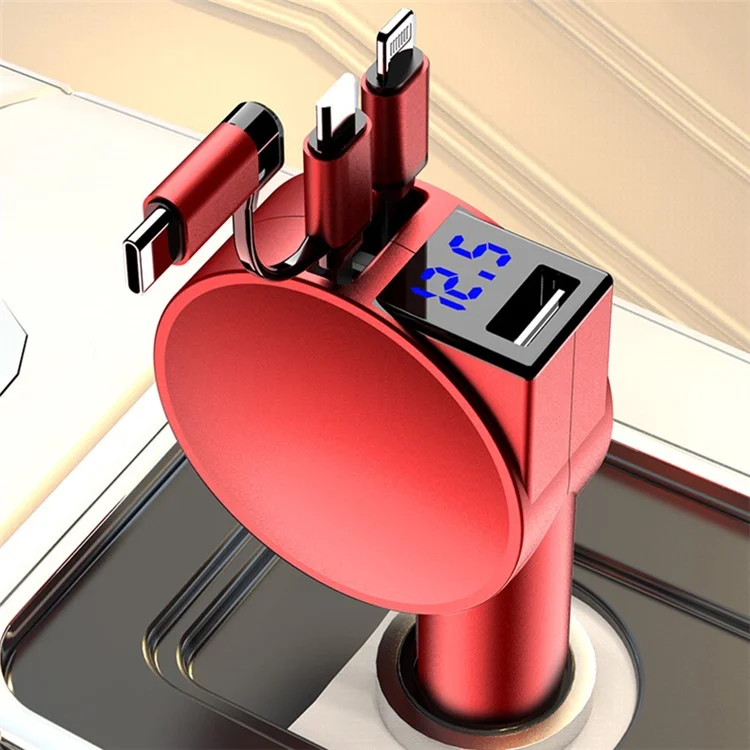 Chargeur de voiture rétractable 3-en-1 12-24V Chargement rapide Prise allume-cigare Adaptateur (8e génération) - Rouge