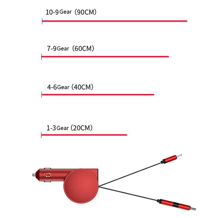 Chargeur de voiture rétractable 3-en-1 12-24V Chargement rapide Prise allume-cigare Adaptateur (8e génération) - Rouge