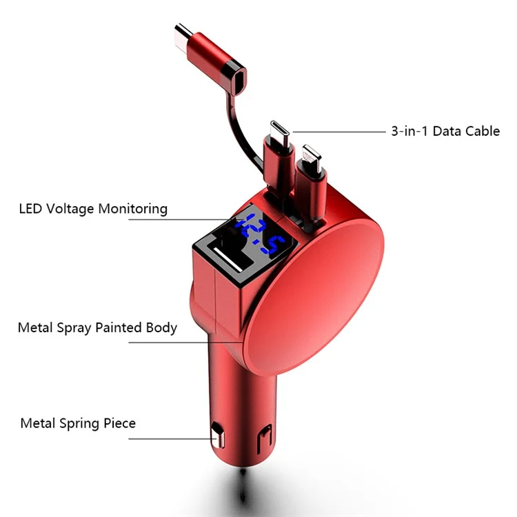 Chargeur de voiture rétractable 3-en-1 12-24V Chargement rapide Prise allume-cigare Adaptateur (8e génération) - Rouge