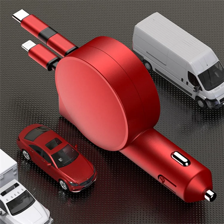 Chargeur de voiture rétractable 3-en-1 12-24V Chargement rapide Prise allume-cigare Adaptateur (8e génération) - Rouge