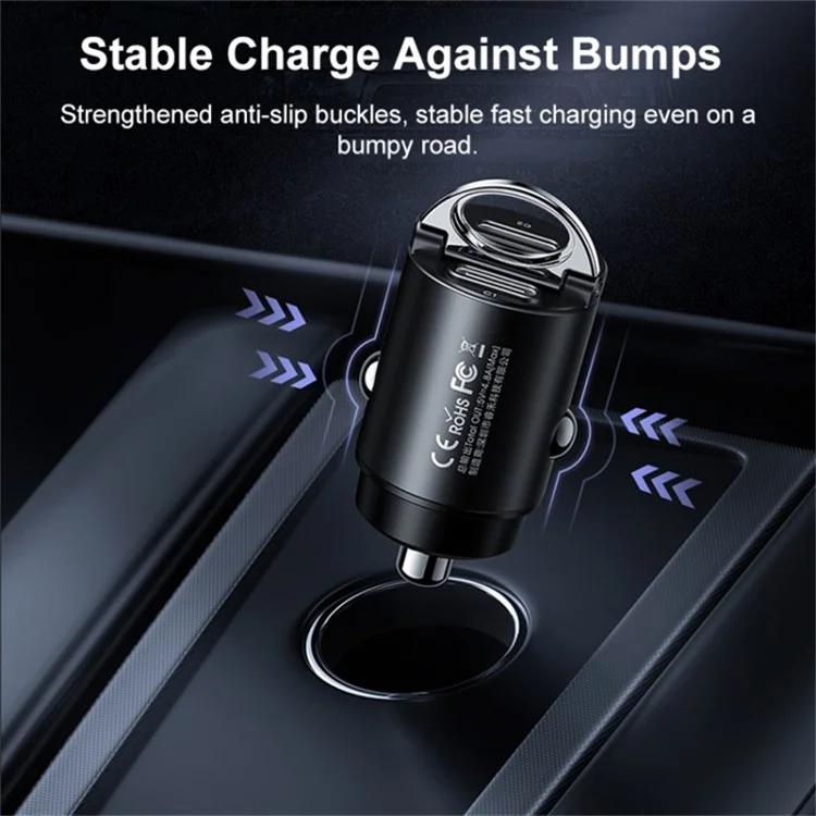 Remax RCC332 Tanya Pro Series Charger de Voiture Dual Type-C PD 30W Adaptateur de Charge Rapide Avec Mini Poignée D'anneau - Noir