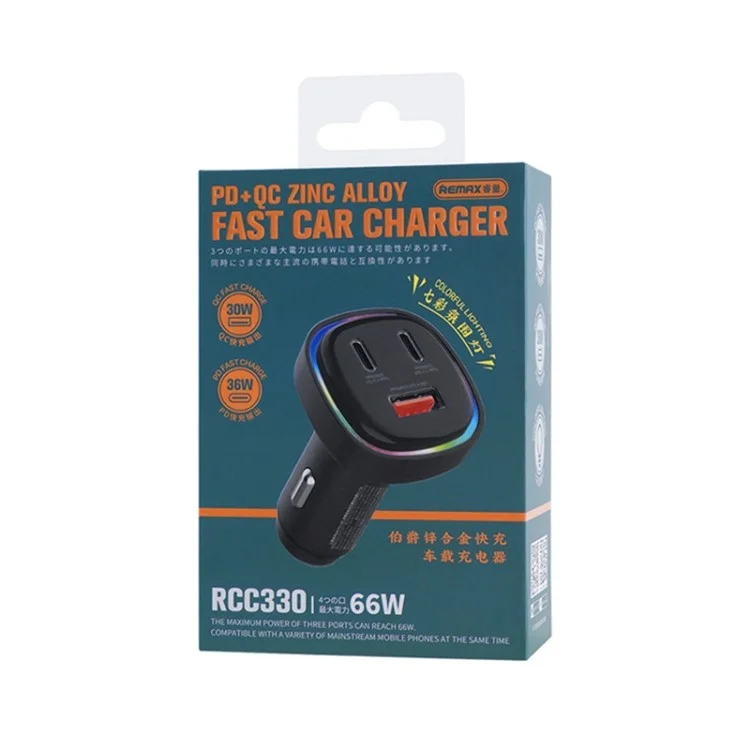 REMAX RCC330 66W USB + 2 Type-C Charger de Voiture Zinc Téléphone Adaptateur D'alimentation de Charge Rapide