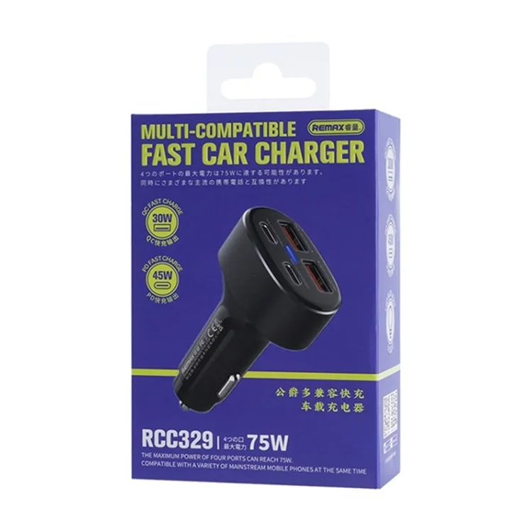 REMAX RCC329 DUKE Series 75W Phone Fast Charging Car Charger 2 USB + 2 Type-C Power Adapter with Indicator Light