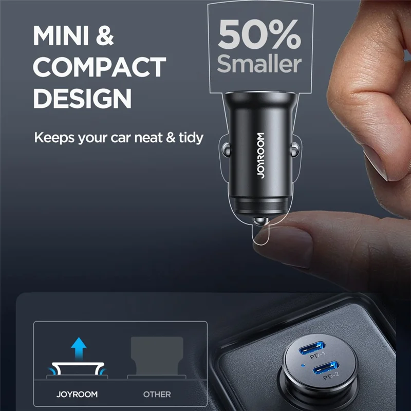 JOYROOM CCN06 Mini 30W Dual Type-C Ports Aluminum Alloy Car Charger Phone PD Fast Charging Adapter