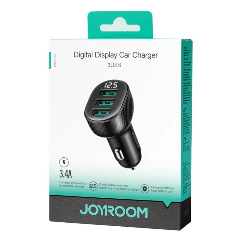 JOYROOM CCD03 3.4A 3 USB Ports Phone Fast Charging Adapter PC+ABS Voltage Digital Display Car Charger
