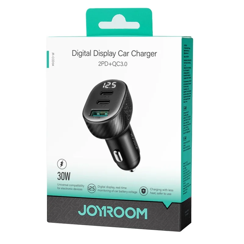 JOYROOM CCD04 30W 1 USB + 2 Type-C PC+ABS Digital Display Car Charger Phone Fast Charging Adapter