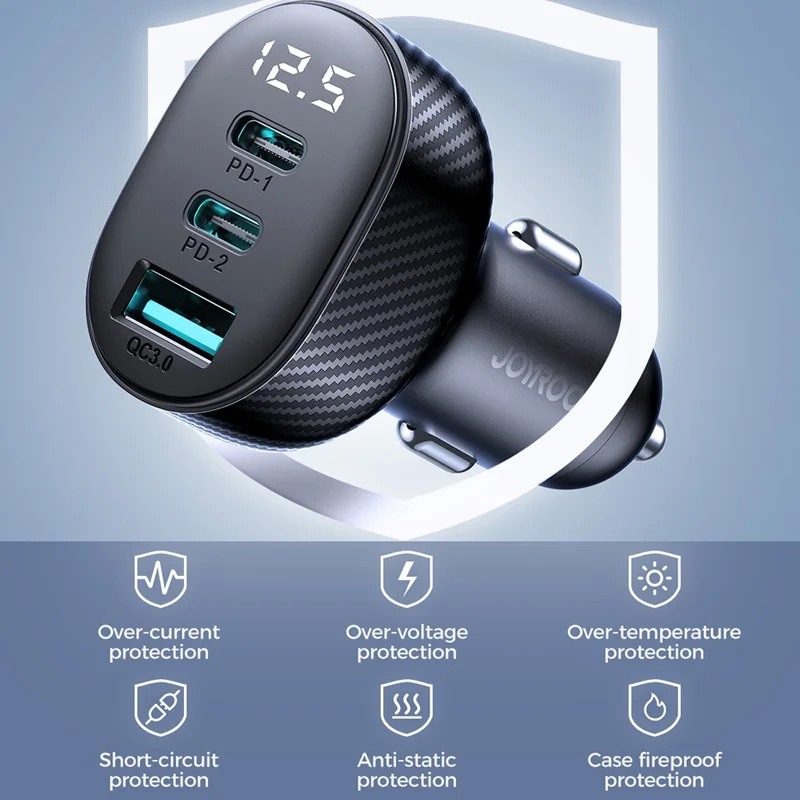 JOYROOM CCD04 30W 1 USB + 2 Type-C PC+ABS Digital Display Car Charger Phone Fast Charging Adapter