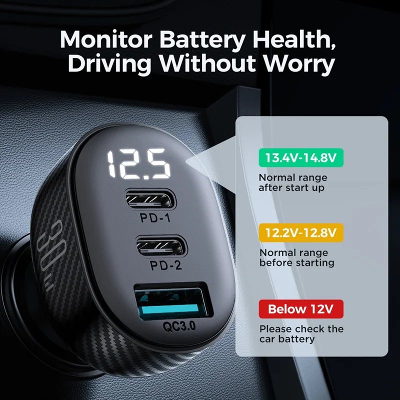 JOYROOM CCD04 30W 1 USB + 2 Type-C PC+ABS Digital Display Car Charger Phone Fast Charging Adapter