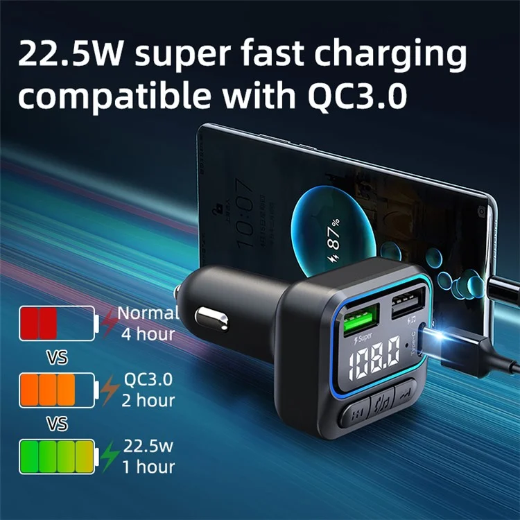 Adaptador de manos libres Bluetooth C40 FM Transmisor Reproductor de música MP3 para automóvil Tipo-C + Cargador de automóvil Dual USB QC3.0