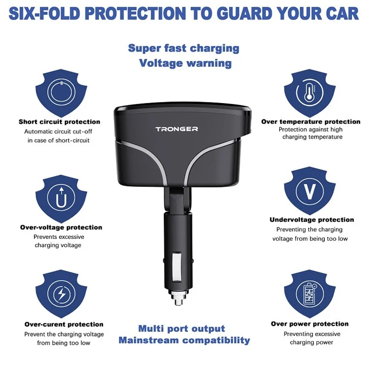 TR-35 PD Fast Charging Car Charger Type-C + Dual USB QC 3.0 Charger with Dual Cigarette Lighter Sockets