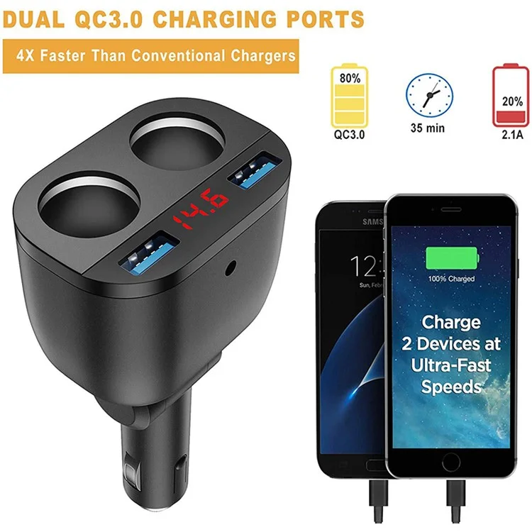 TR-22Q Dual USB QC3.0 Fast Car Charger Digital Display 2-Socket Cigarette Lighter Adapter