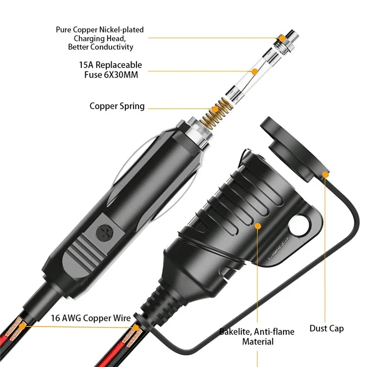 TR-29 3.6m 12V / 24V Extensão do Isqueiro do Carro Plug Macho para Tomada Fêmea 16AWG Cabo Extensor com Fusível de 15A