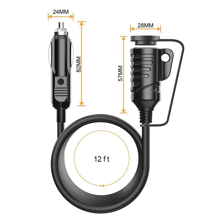 TR-29 3.6m 12V / 24V Extensão do Isqueiro do Carro Plug Macho para Tomada Fêmea 16AWG Cabo Extensor com Fusível de 15A