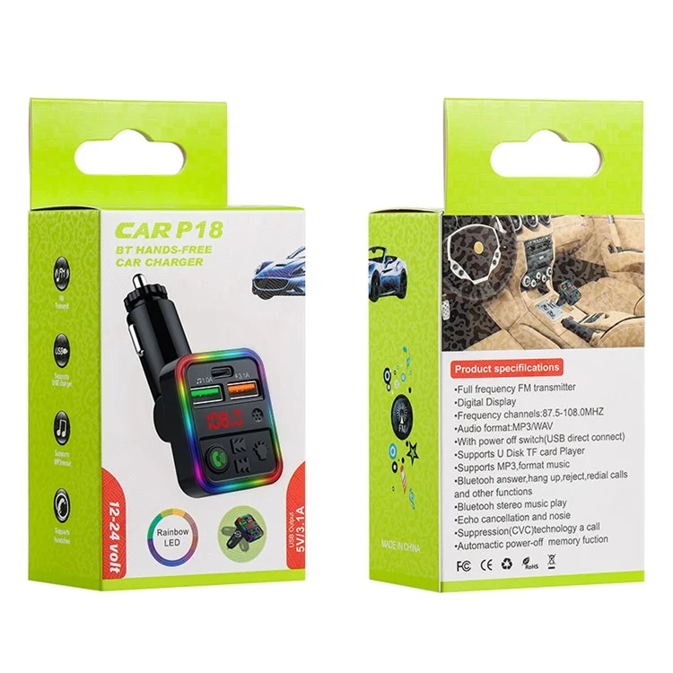 P18 Accendisigari Bluetooth Car MP3 Music Player Vivavoce Auto Dispositivo Audio con 2USB, Porta Type-C