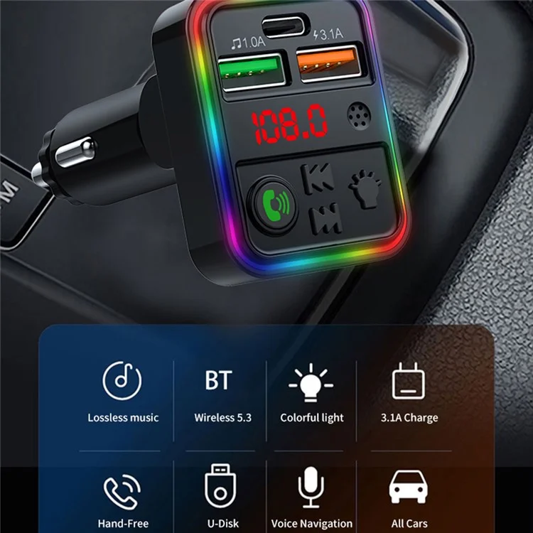 P18 Accendisigari Bluetooth Car MP3 Music Player Vivavoce Auto Dispositivo Audio con 2USB, Porta Type-C